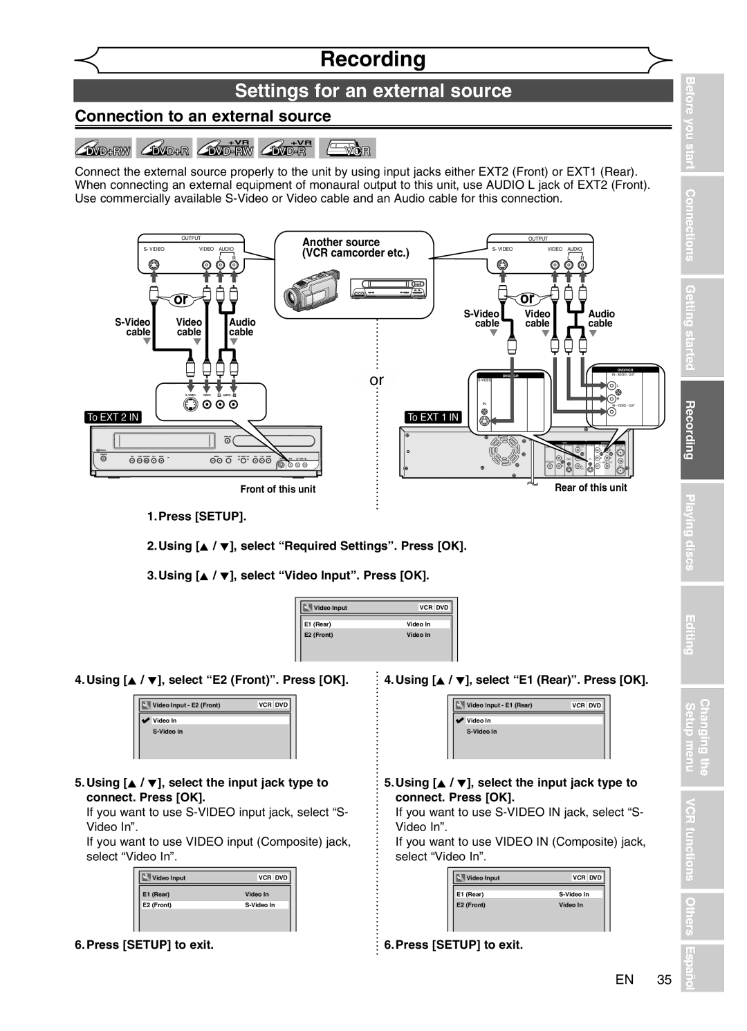 Magnavox MWR20V6 manual Settings for an external source, Connection to an external source, Getting started Recording 