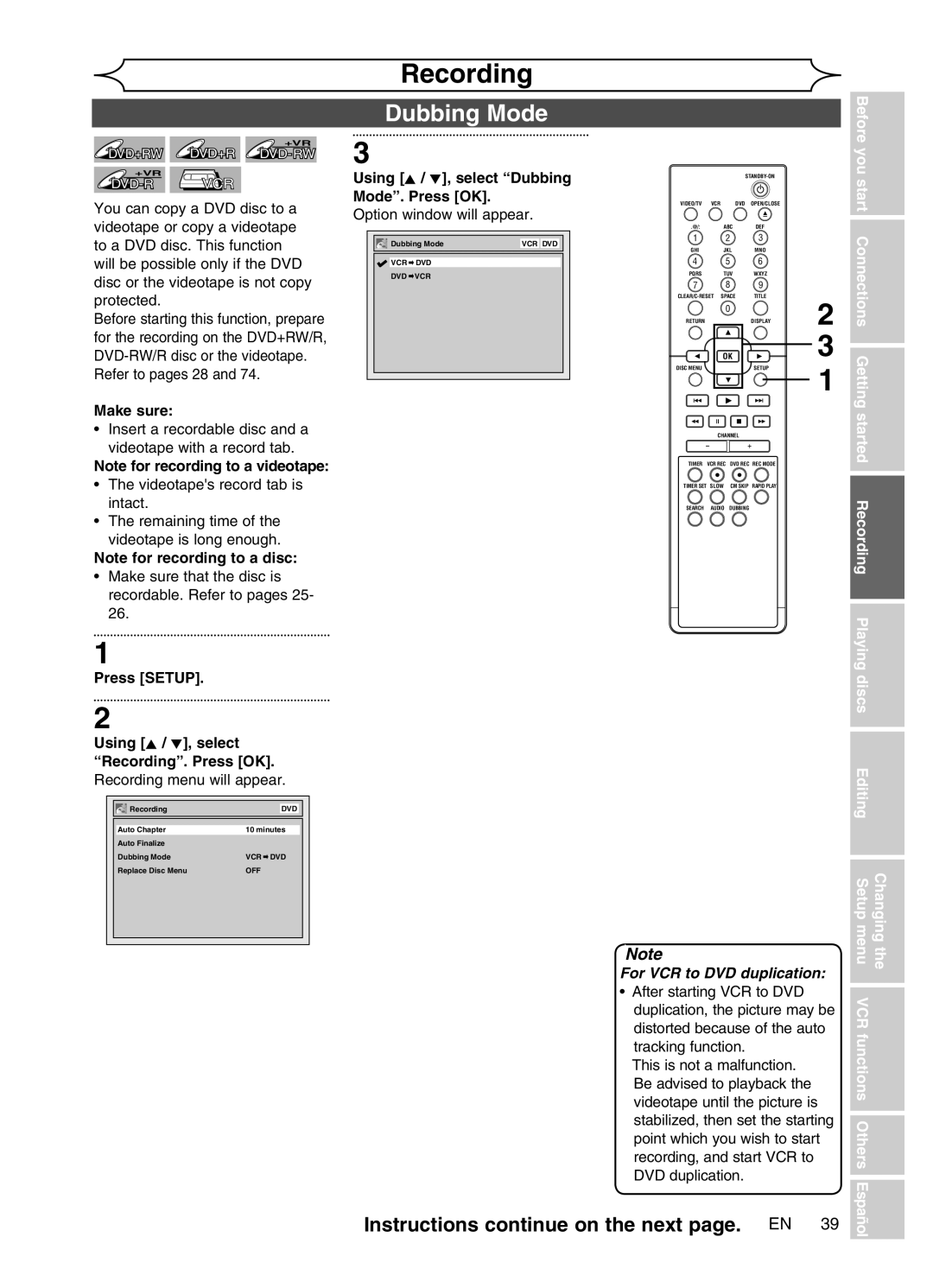 Magnavox MWR20V6 manual Using K / L, select Dubbing Mode. Press OK, Make sure 