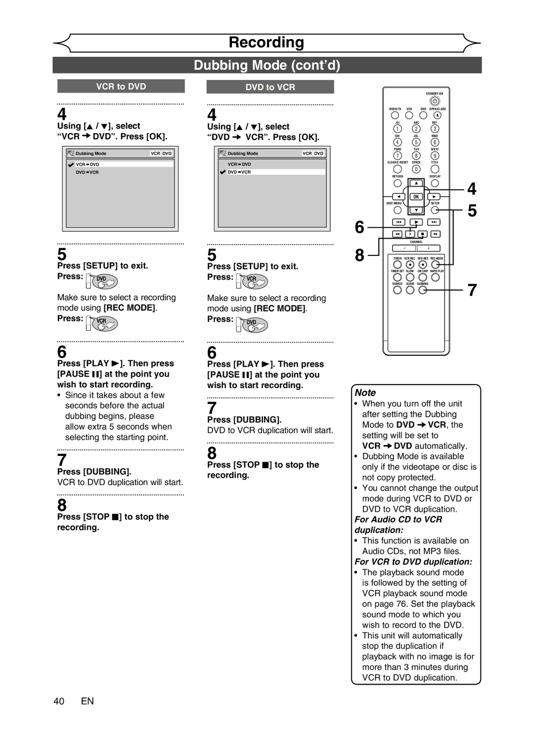 Magnavox MWR20V6 manual Dubbing Mode cont’d, 40 EN 