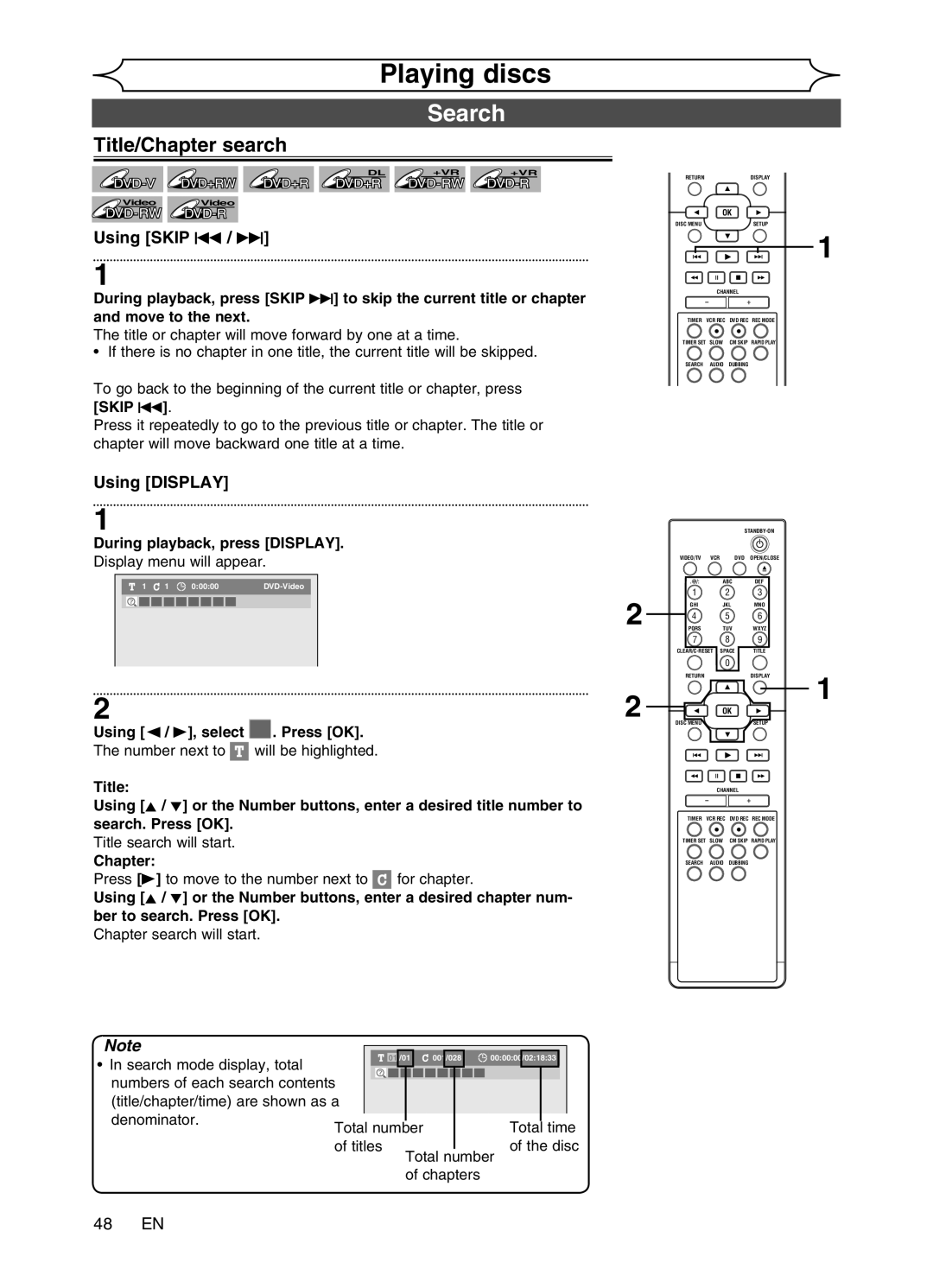 Magnavox MWR20V6 manual Search, Title/Chapter search, Using Skip H / G, Using Display, 48 EN 