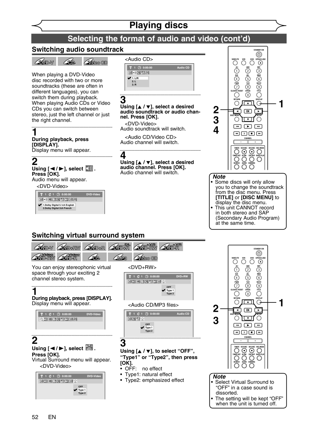 Magnavox MWR20V6 Selecting the format of audio and video cont’d, Switching audio soundtrack, 52 EN, Audio CD/MP3 files 