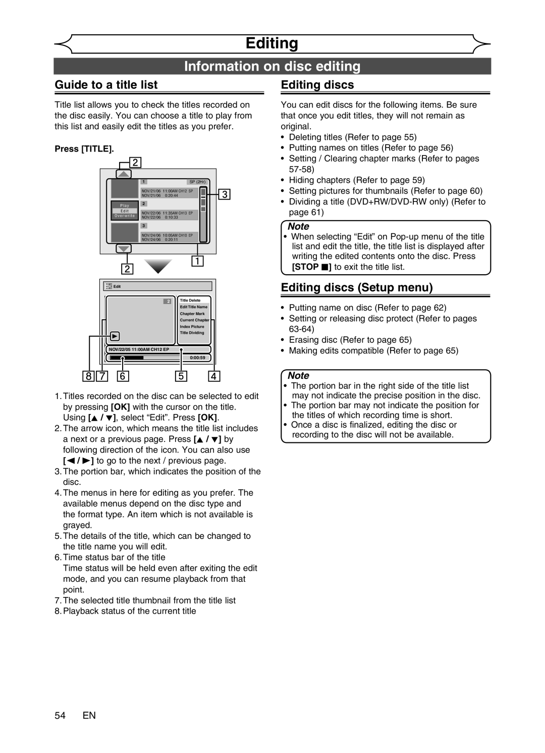 Magnavox MWR20V6 manual Information on disc editing, Guide to a title list, Editing discs Setup menu 