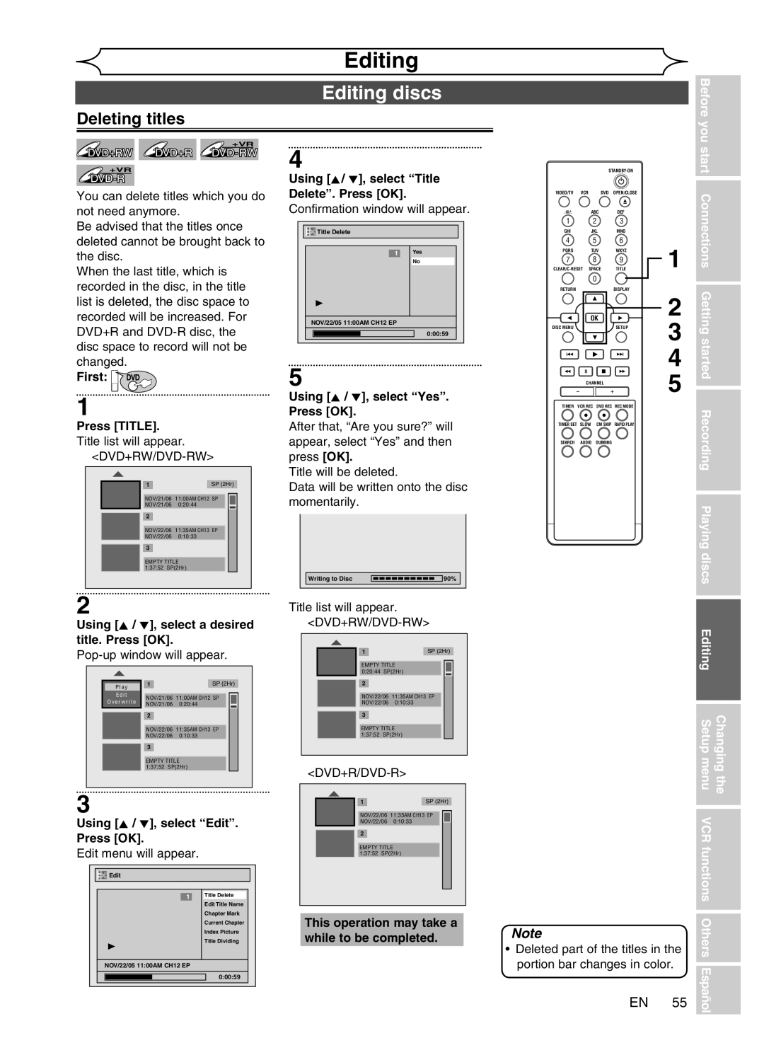 Magnavox MWR20V6 Editing discs, Deleting titles, First DVD Press TITLE. Title list will appear, Using K / L, select Edit 