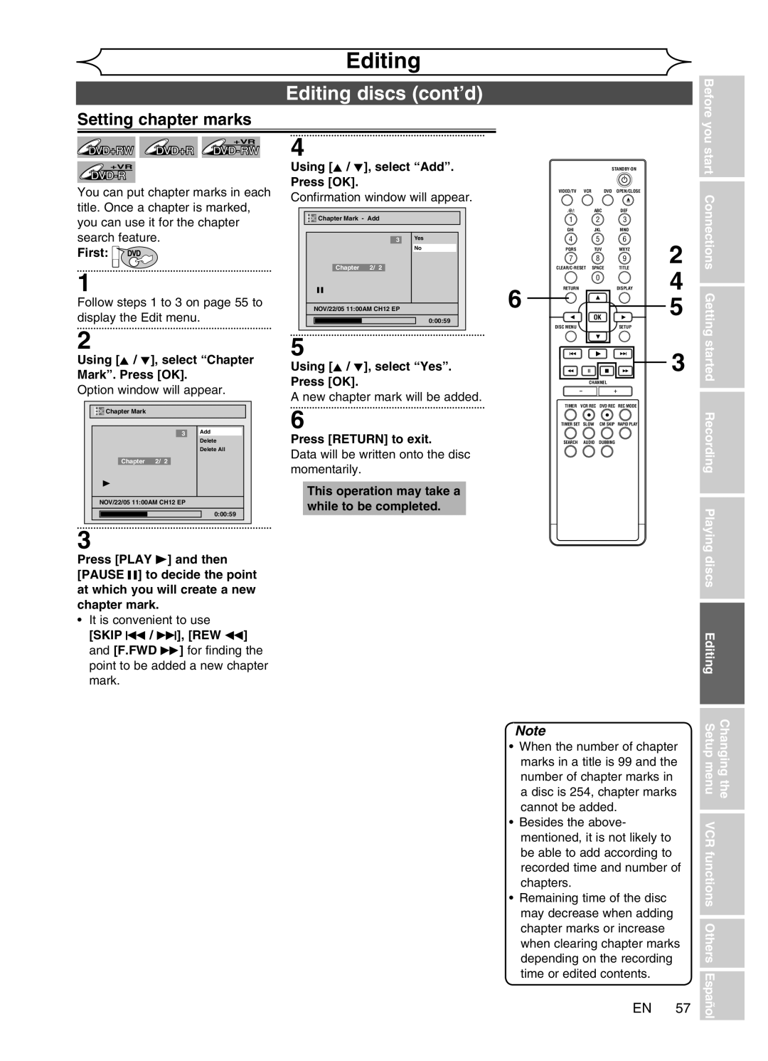 Magnavox MWR20V6 Setting chapter marks, Using K / L, select Chapter Mark. Press OK, Using K / L, select Add. Press OK 