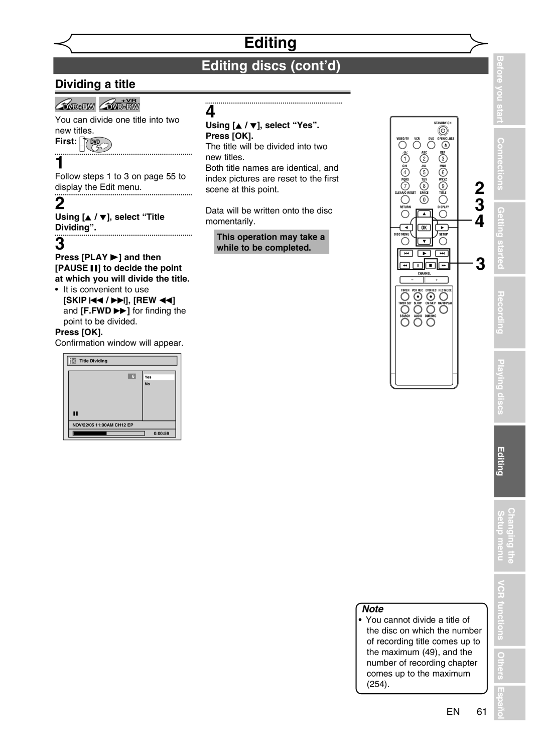 Magnavox MWR20V6 Dividing a title, Beforeyou, You can divide one title into two new titles, Number of recording chapter 