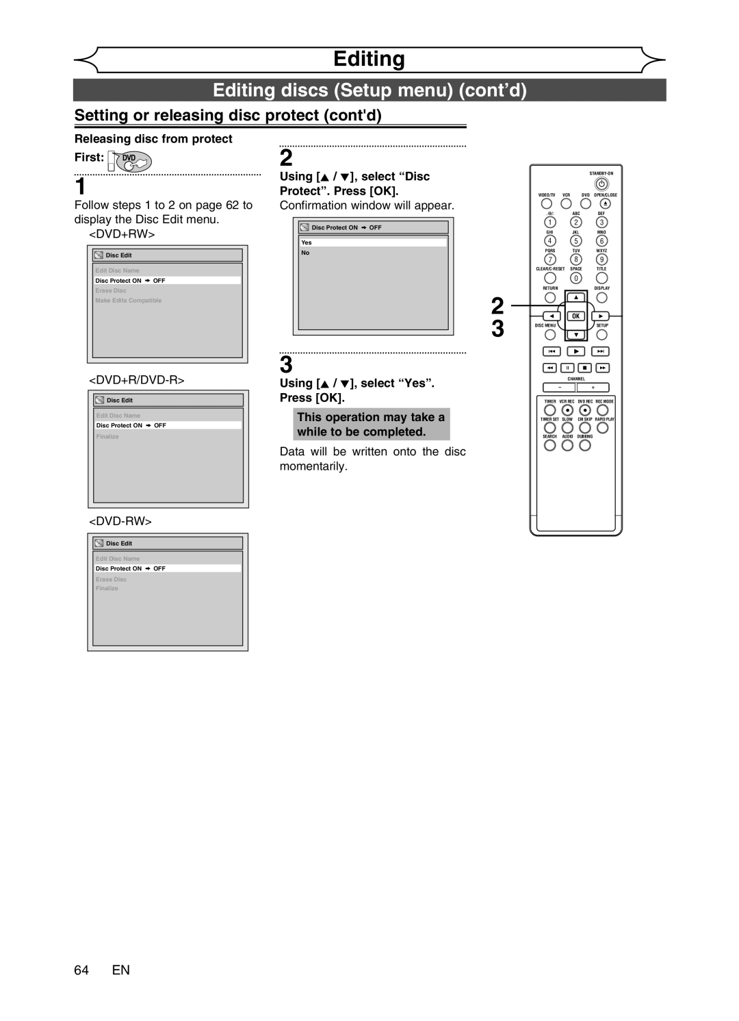 Magnavox MWR20V6 manual Setting or releasing disc protect contd, 64 EN, Releasing disc from protect First DVD 