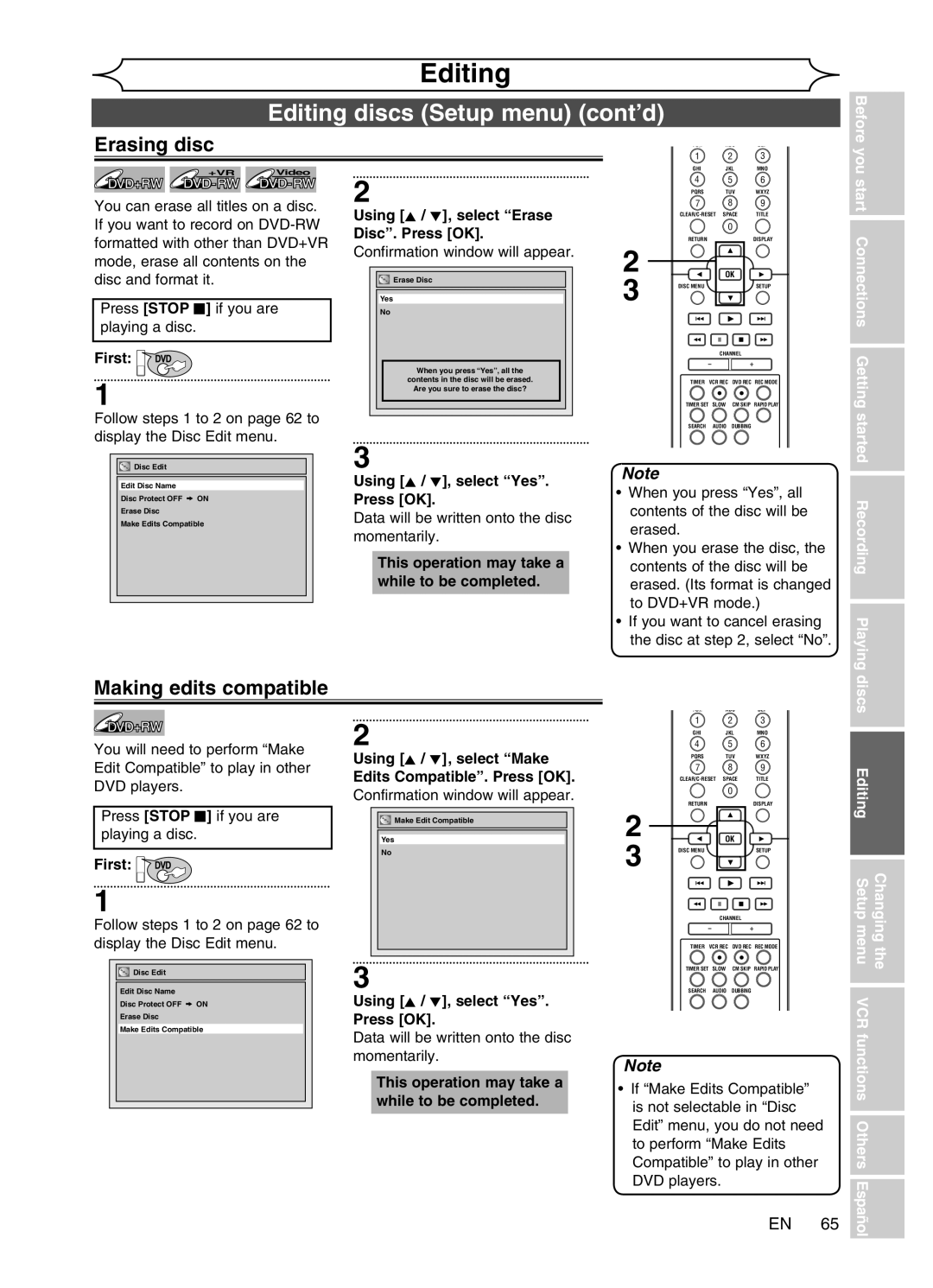 Magnavox MWR20V6 manual Erasing disc, Making edits compatible, Changing the Editing Setup menu VCR functions Others 