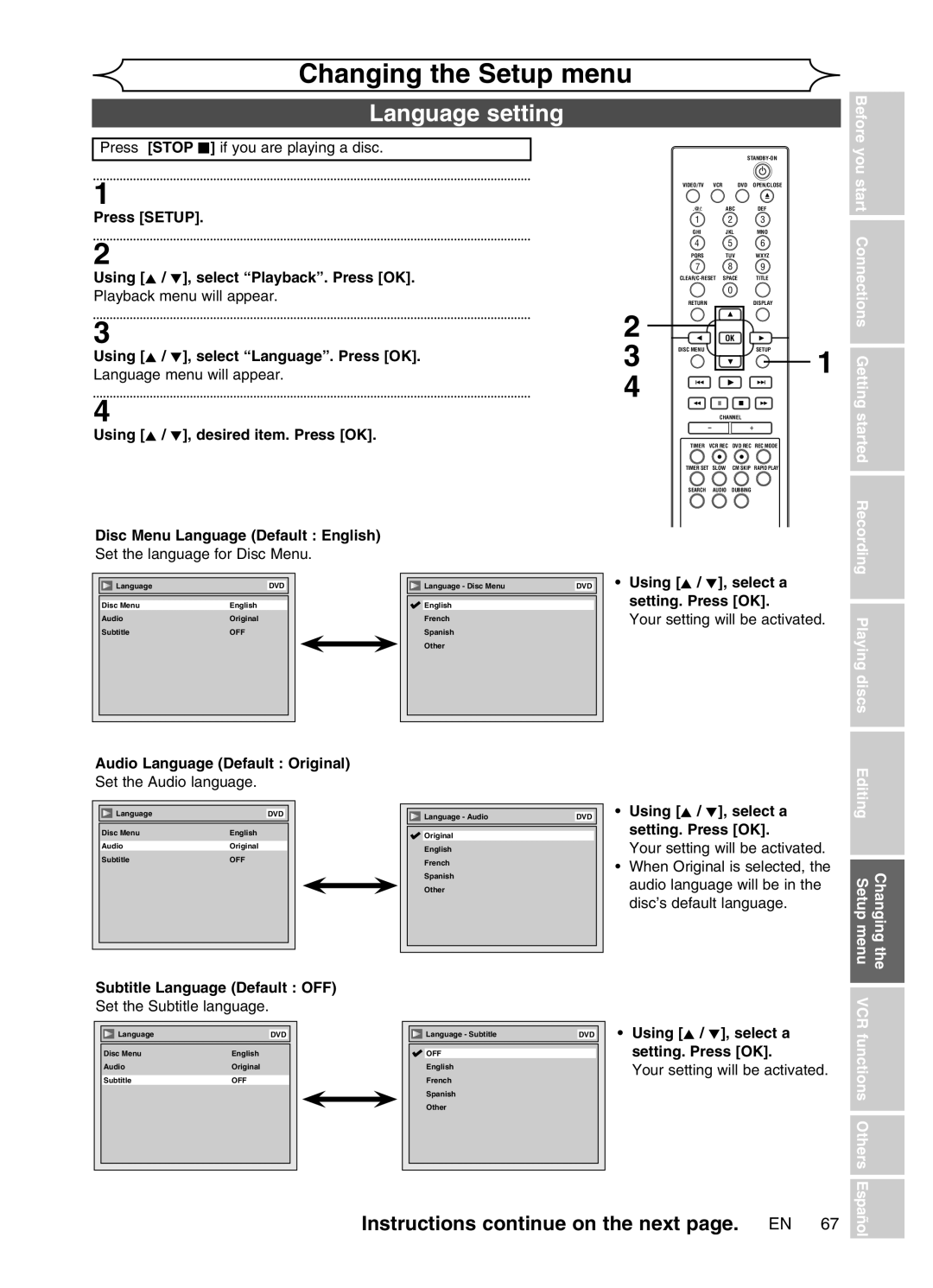 Magnavox MWR20V6 manual Language setting, Editing Setup menu Changing 