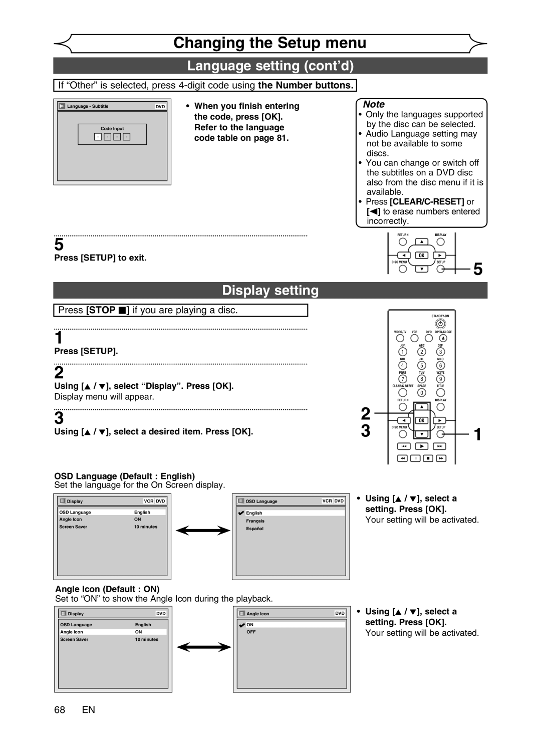 Magnavox MWR20V6 manual Language setting cont’d, Display setting, Press Stop C if you are playing a disc, 68 EN 