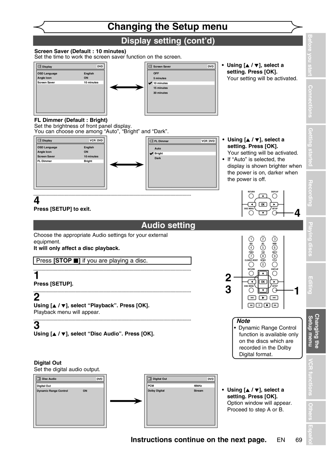 Magnavox MWR20V6 manual Display setting cont’d, Audio setting 