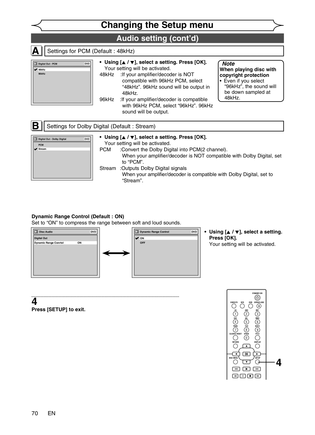 Magnavox MWR20V6 Audio setting cont’d, Settings for PCM Default 48kHz, Settings for Dolby Digital Default Stream, 70 EN 