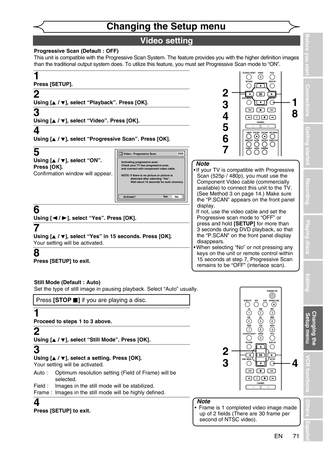 Magnavox MWR20V6 manual Video setting, Progressive Scan Default OFF, Still Mode Default Auto 