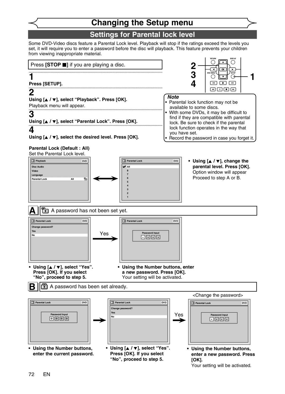 Magnavox MWR20V6 manual Settings for Parental lock level, Password has not been set yet, Yes, Password has been set already 