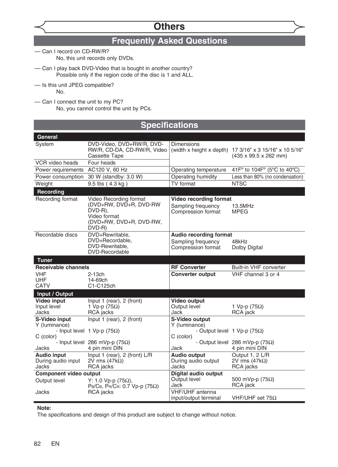 Magnavox MWR20V6 manual Frequently Asked Questions, Specifications, 82 EN 