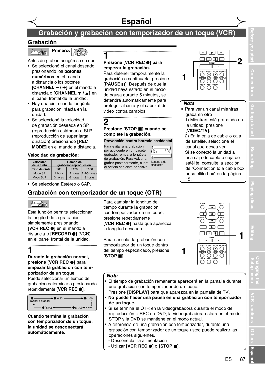 Magnavox MWR20V6 manual Grabación con temporizador de un toque OTR, Video/Tv, Menu 