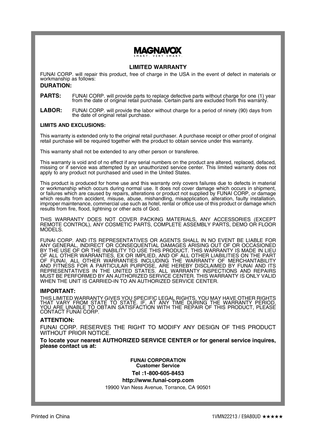 Magnavox MWR20V6 manual Tel, Limits and Exclusions, Funai Corporation, Customer Service, Van Ness Avenue, Torrance, CA 