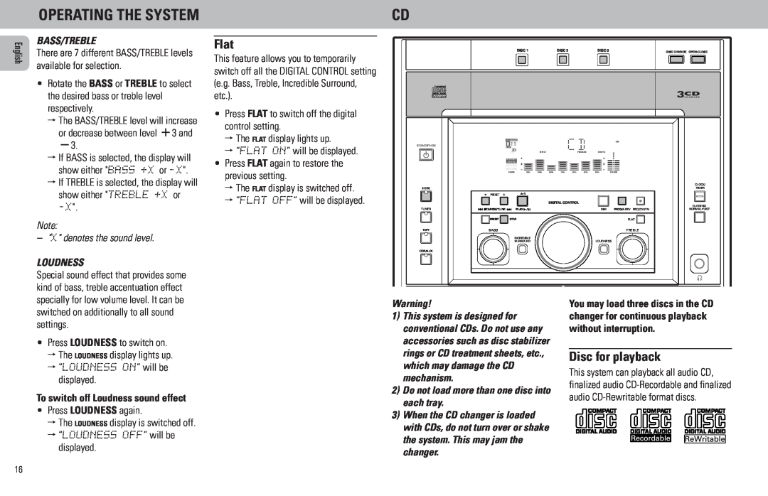 Magnavox MZ7 manual Flat, Disc for playback, Operating The System, Bass/Treble, X denotes the sound level, Loudness 