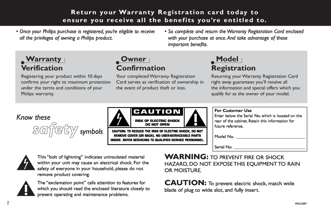 Magnavox MZ7 manual Return your Warranty Registration card today to, Warranty Verification, Owner Confirmation 