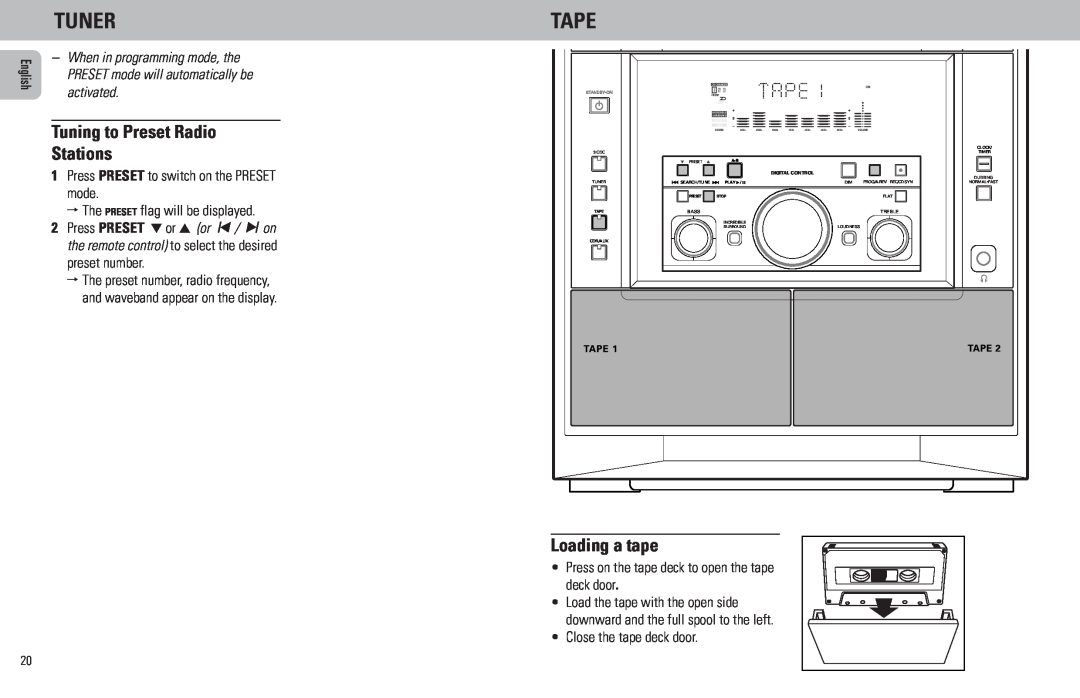 Magnavox MZ7 manual Tape, Tuning to Preset Radio Stations, Loading a tape, Tuner 