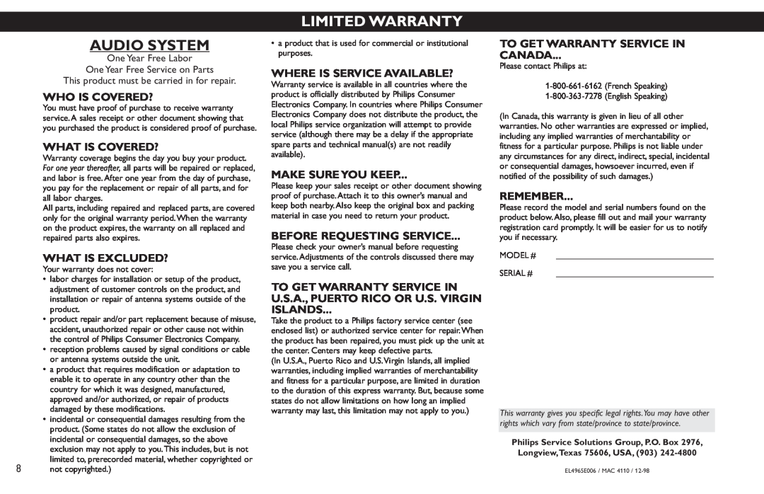 Magnavox MZ7 manual Audio System, Limited Warranty 