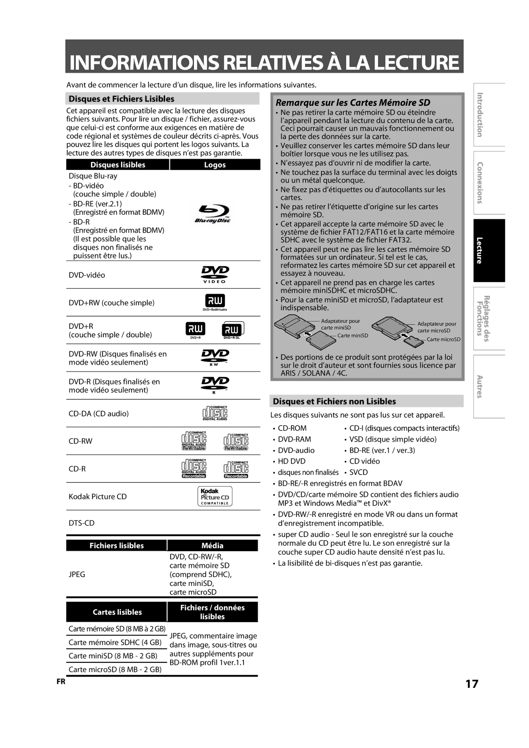 Magnavox NB500MS9 owner manual Disques et Fichiers Lisibles, Disques et Fichiers non Lisibles, Disques lisibles 