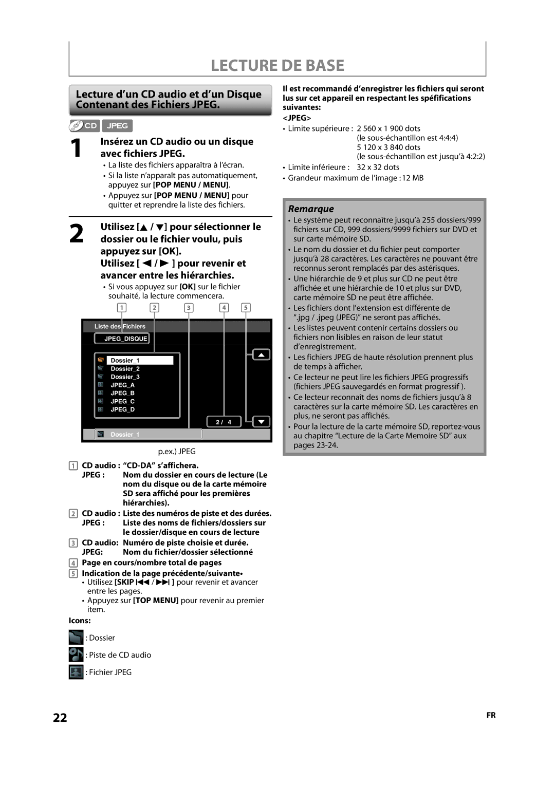 Magnavox NB500MS9 La liste des fichiers apparaîtra à l’écran, Ex. Jpeg, CD audio Numéro de piste choisie et durée, Dossier 