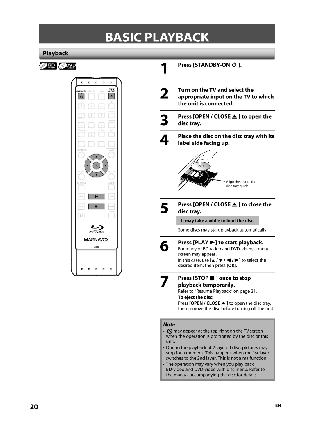 Magnavox NB500MS9 owner manual Basic Playback, Press Open / Close a to close the disc tray, Press Play B to start playback 