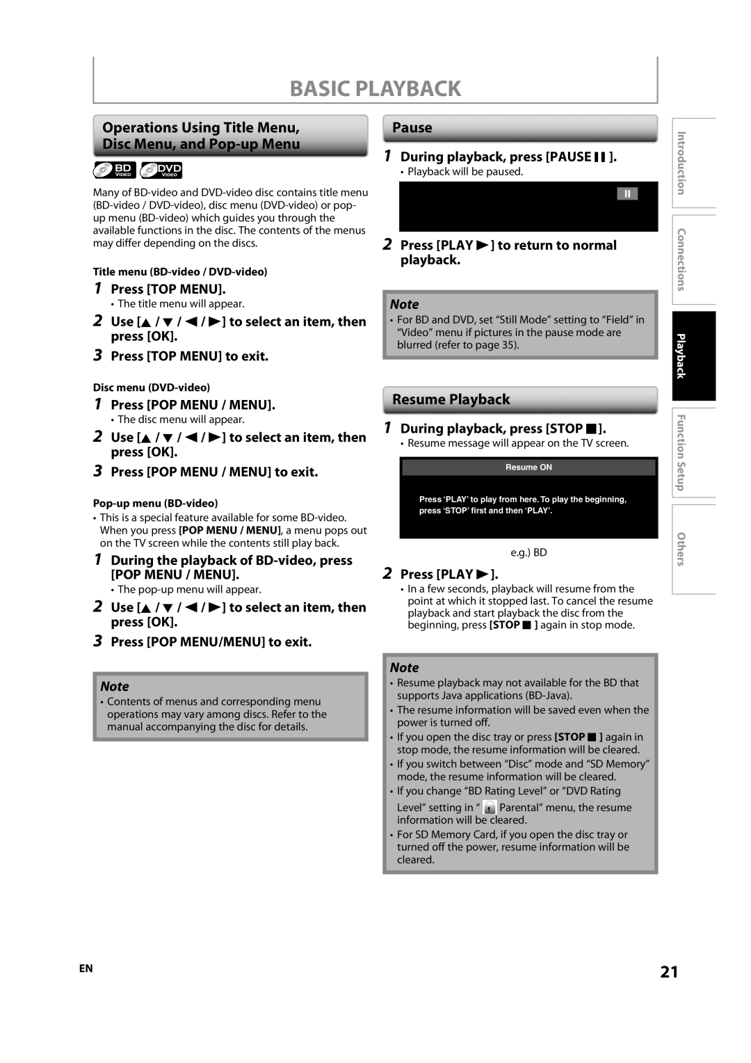 Magnavox NB500MS9 Basic Playback, Operations Using Title Menu Disc Menu, and Pop-up Menu, Pause, Resume Playback 