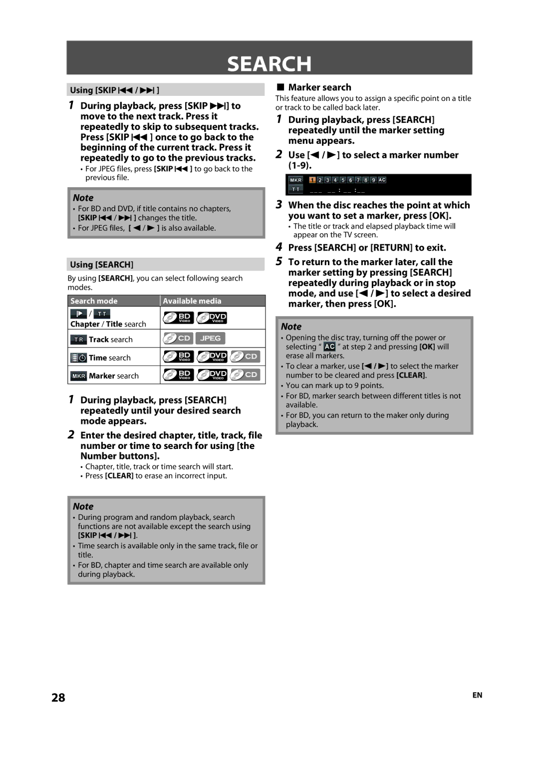 Magnavox NB500MS9 owner manual Marker search, Using Search, Search mode 