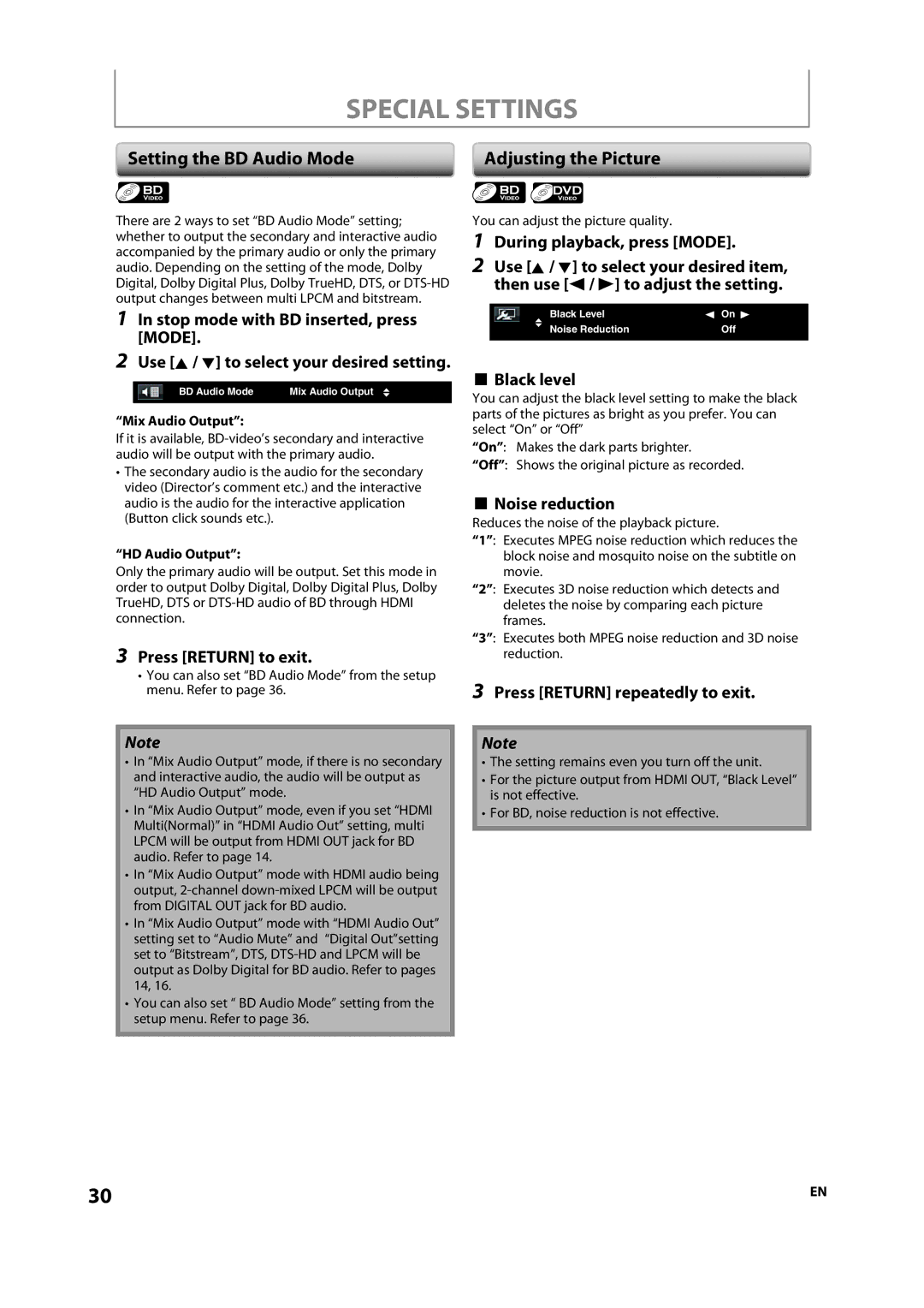 Magnavox NB500MS9 owner manual Special Settings, Setting the BD Audio Mode 