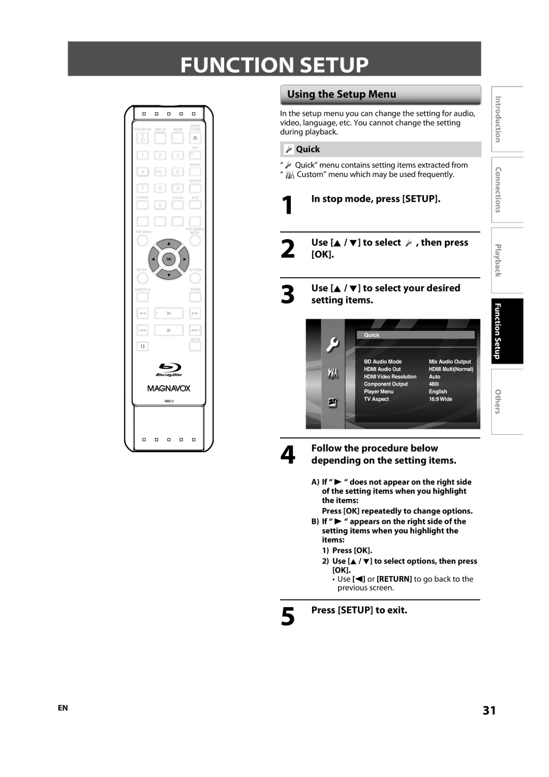 Magnavox NB500MS9 owner manual Function Setup, Using the Setup Menu, Press Setup to exit, Quick 