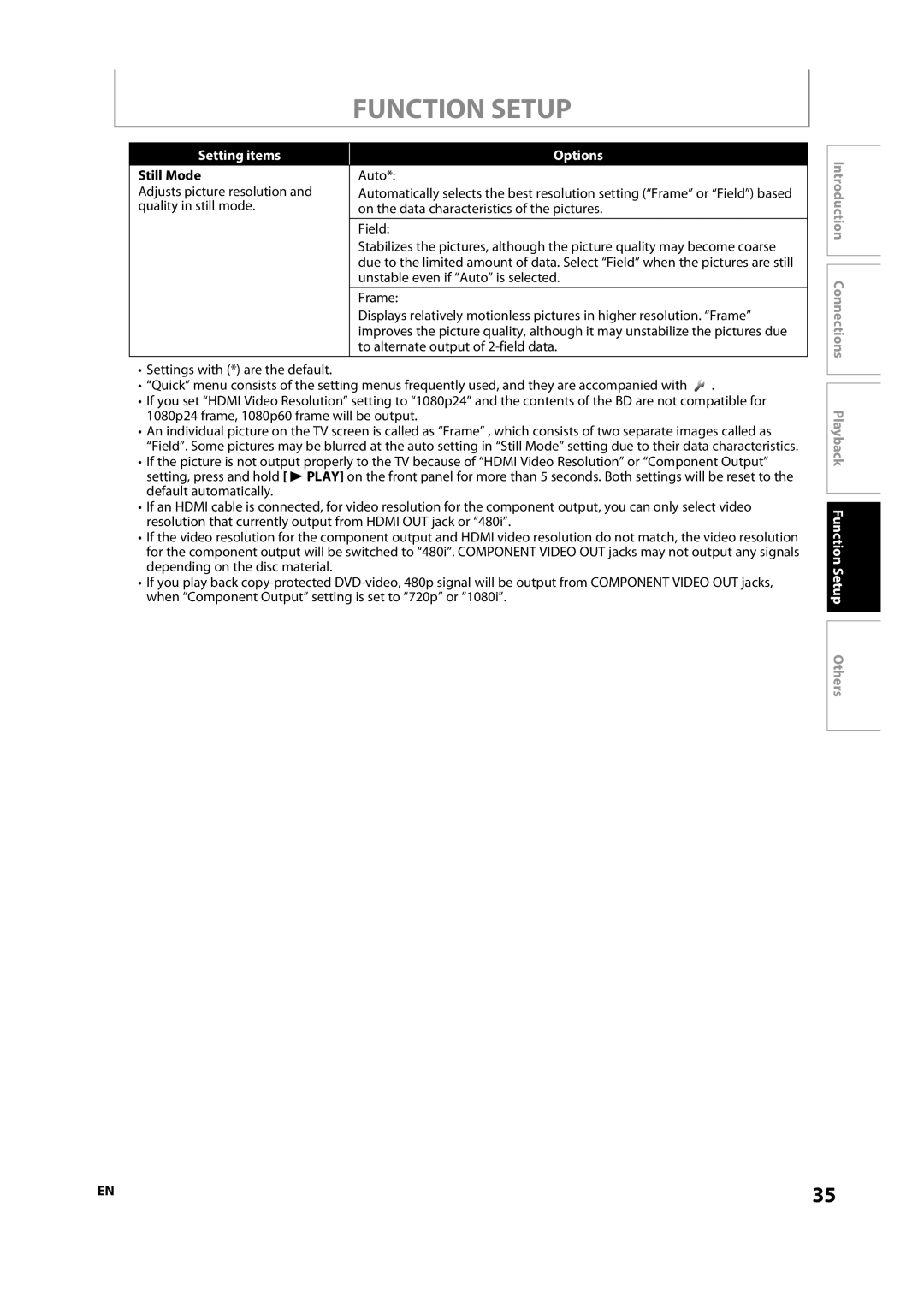 Magnavox NB500MS9 owner manual Setting items, Still Mode 