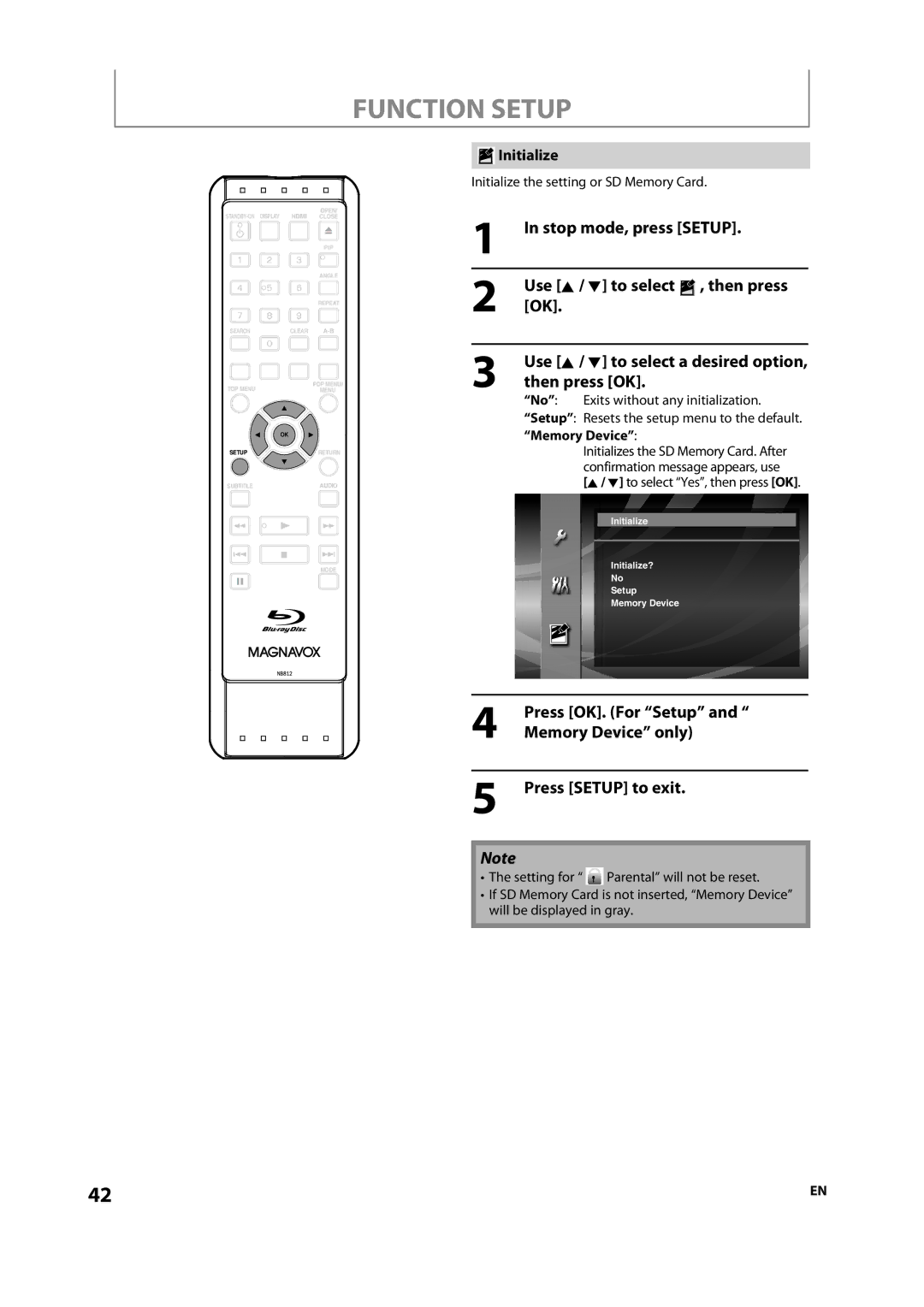 Magnavox NB500MS9 Initialize the setting or SD Memory Card, Use K / L to select a desired option,then press OK 