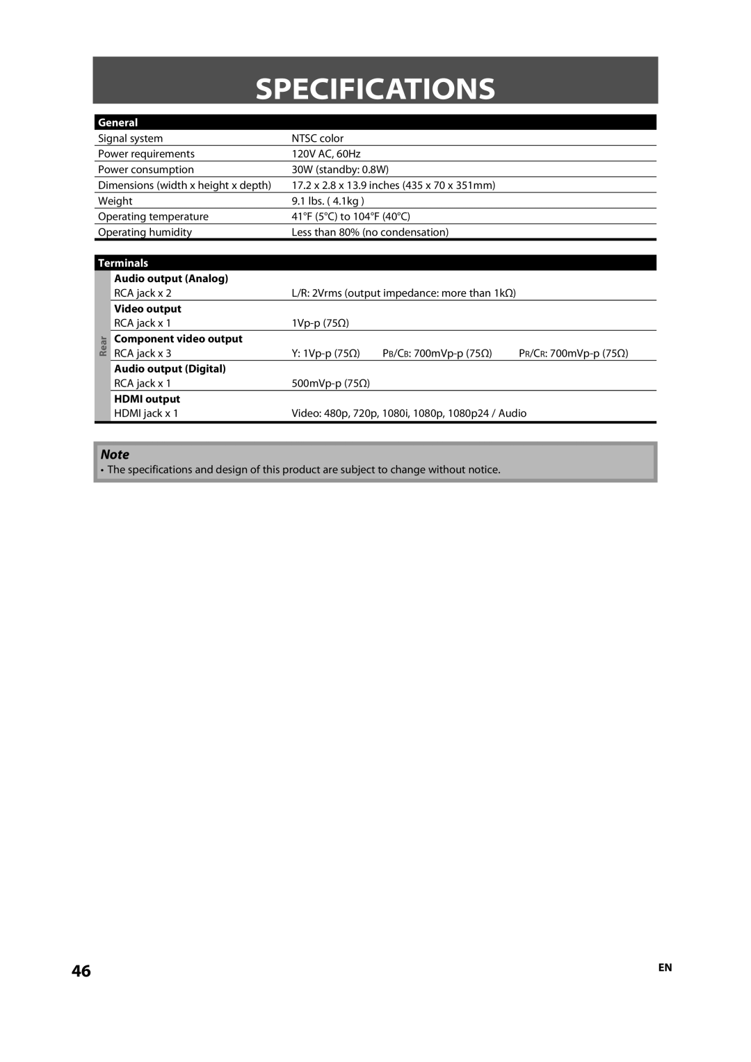 Magnavox NB500MS9 owner manual Specifications, General, Terminals 