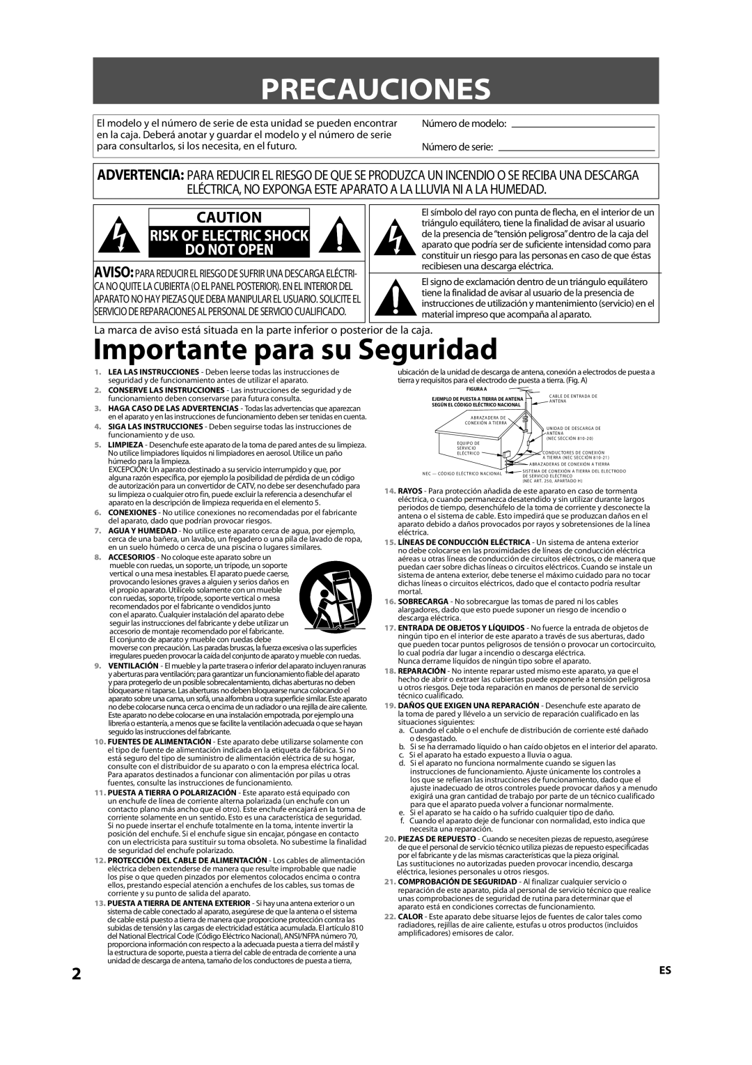 Magnavox NB500MS9 owner manual Precauciones, Risk of Electric Shock Do not Open 