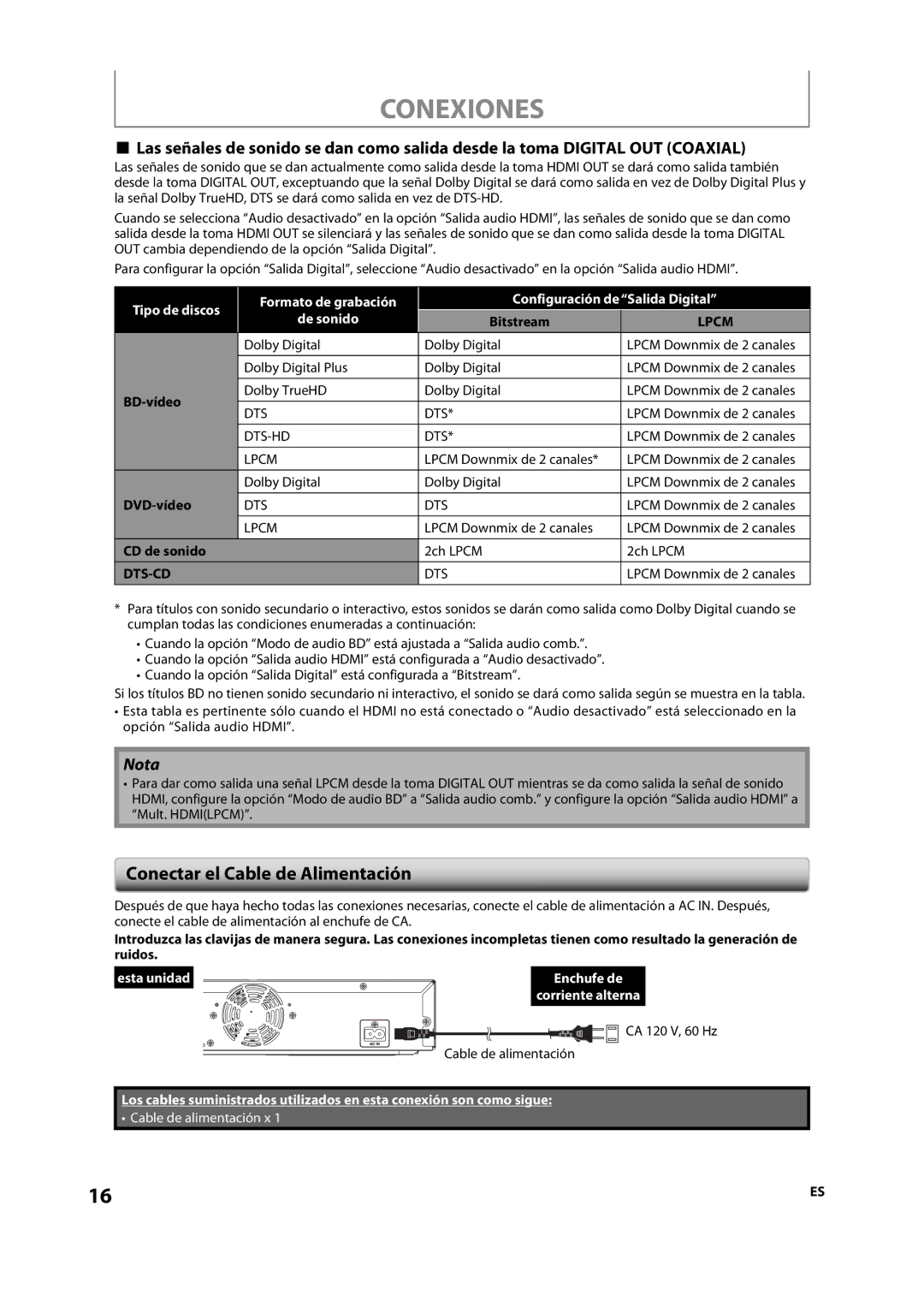 Magnavox NB500MS9 owner manual Conectar el Cable de Alimentación, Dolby TrueHD Dolby Digital, Lpcm Downmix de 2 canales 