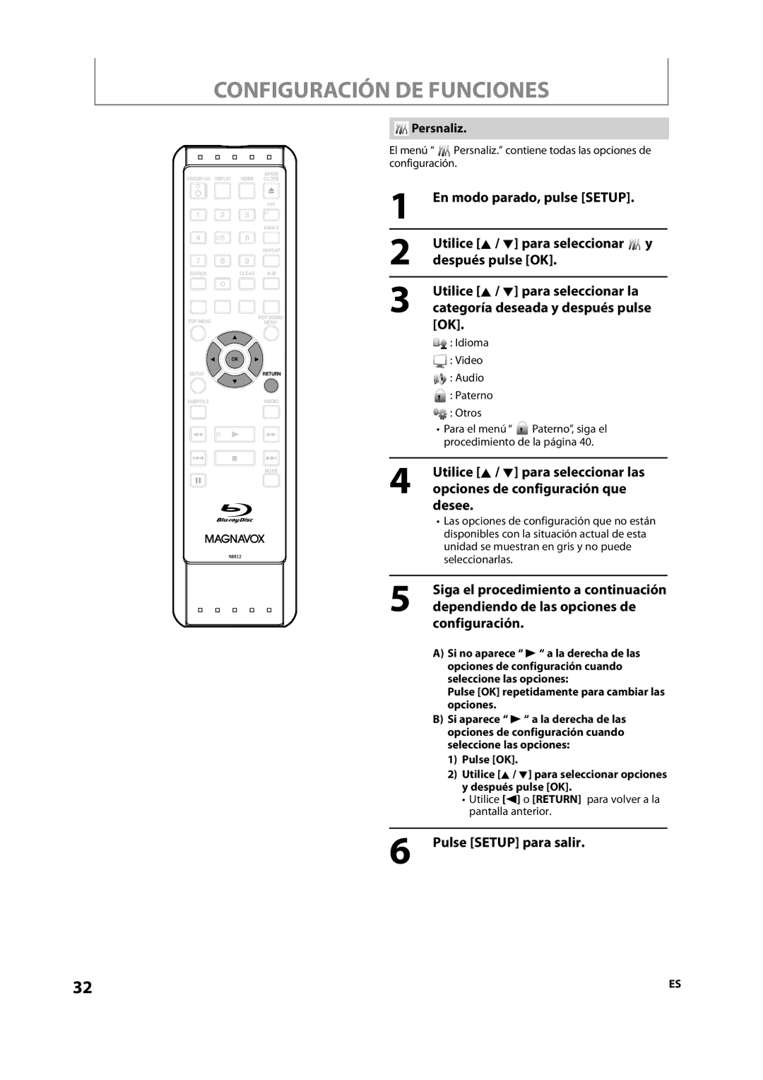 Magnavox NB500MS9 owner manual Configuración DE Funciones, Persnaliz, Idioma Video Audio Paterno Otros 