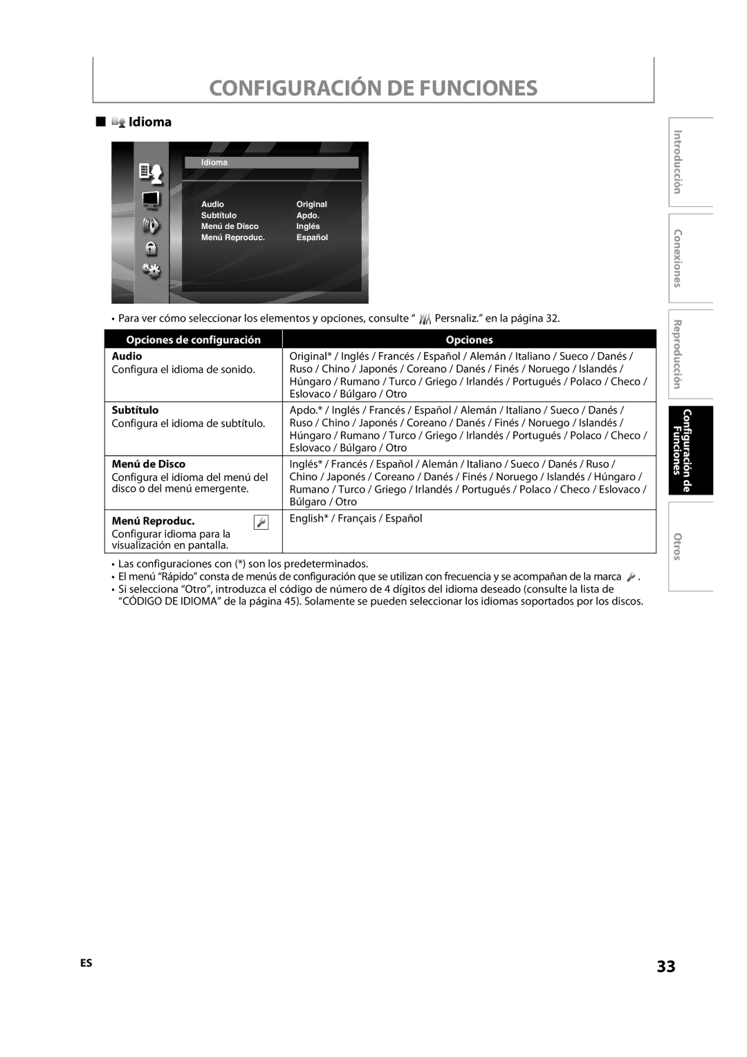 Magnavox NB500MS9 owner manual Idioma, Opciones de configuración, Subtítulo, Menú de Disco, Menú Reproduc 