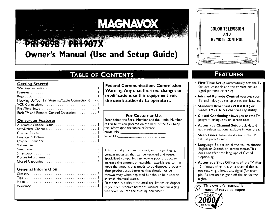 Magnavox PRI909B, PRI907X owner manual Getting, General Information, Federal Communications Commission 