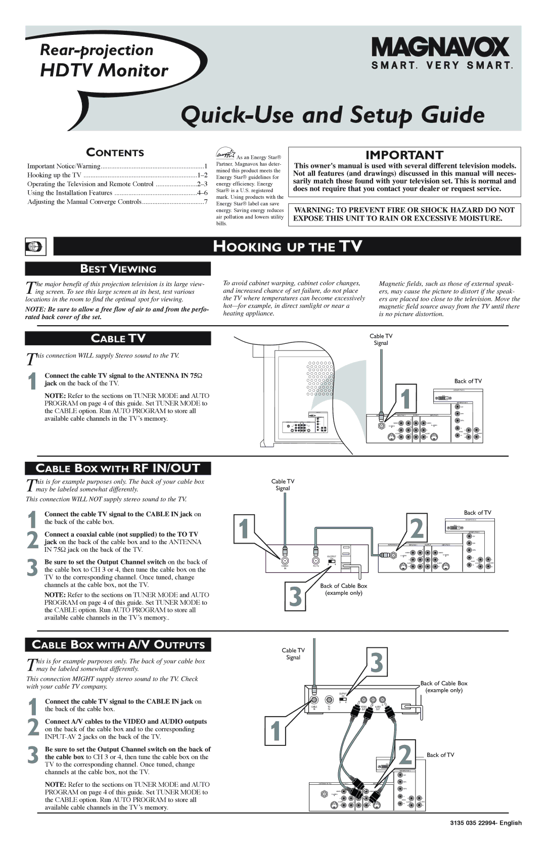 Magnavox Rear-projection HDTV Monitor setup guide Hooking UP the TV, Best Viewing, Cable TV, Cable BOX with RF IN/OUT 