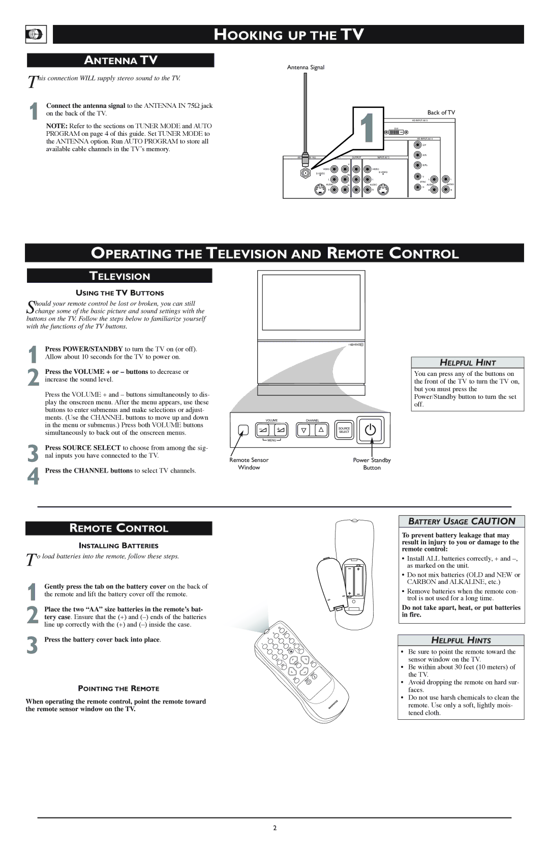 Magnavox Rear-projection HDTV Monitor setup guide Operating the Television and Remote Control, Antenna TV 