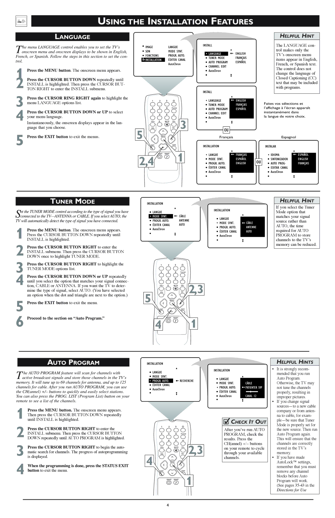 Magnavox Rear-projection HDTV Monitor setup guide Using the Installation Features, Language, Tuner Mode, Auto Program 