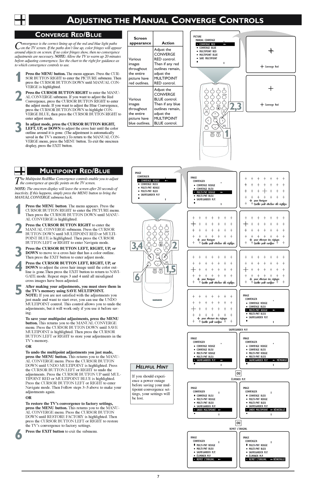 Magnavox Rear-projection HDTV Monitor Adjusting the Manual Converge Controls, Converge RED/BLUE, Multipoint RED/BLUE 