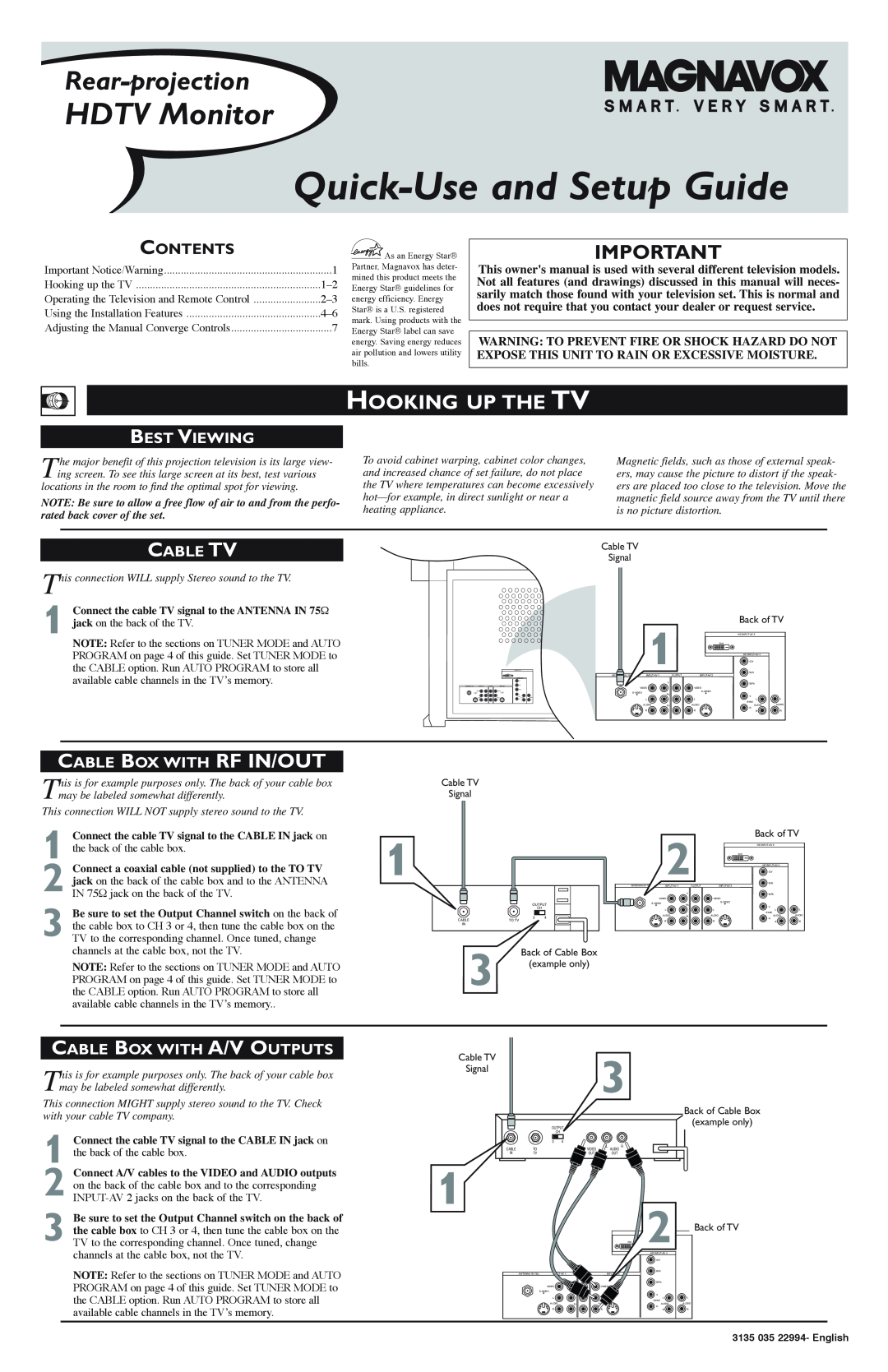 Magnavox Rear-projection HDTV Monitor setup guide Hooking Up The Tv, Best Viewing, Cable Tv, Cable Box With Rf In/Out 