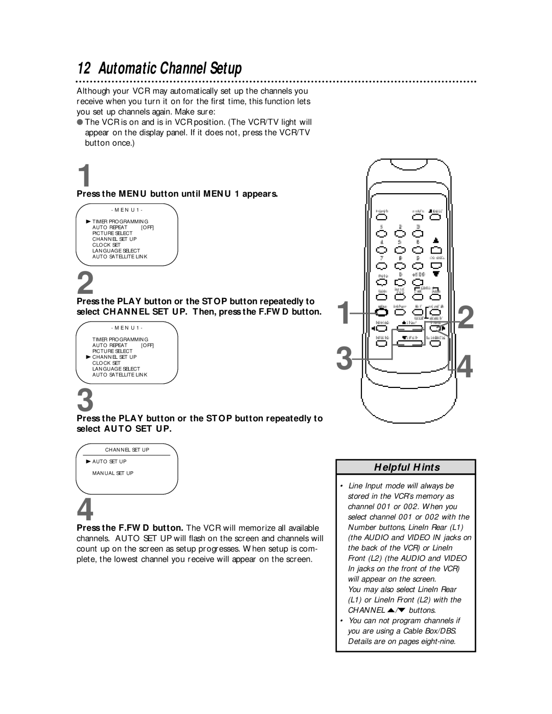 Magnavox SVB106 owner manual Automatic Channel Setup, Press the Menu button until Menu 1 appears 