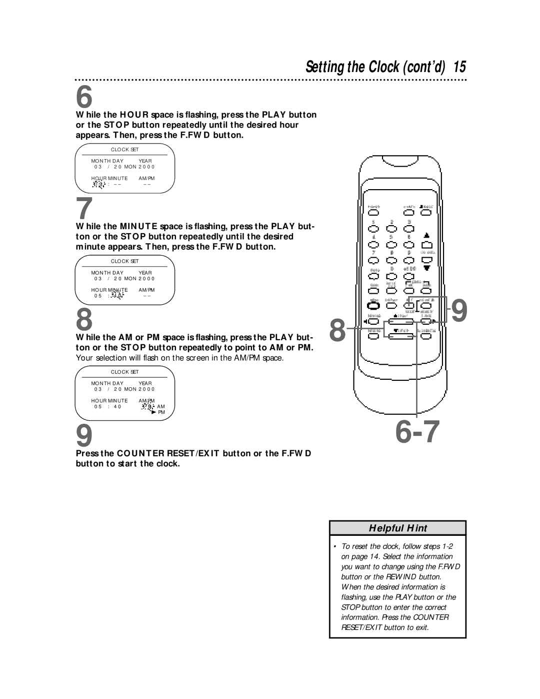 Magnavox SVB106 owner manual Setting the Clock cont’d 