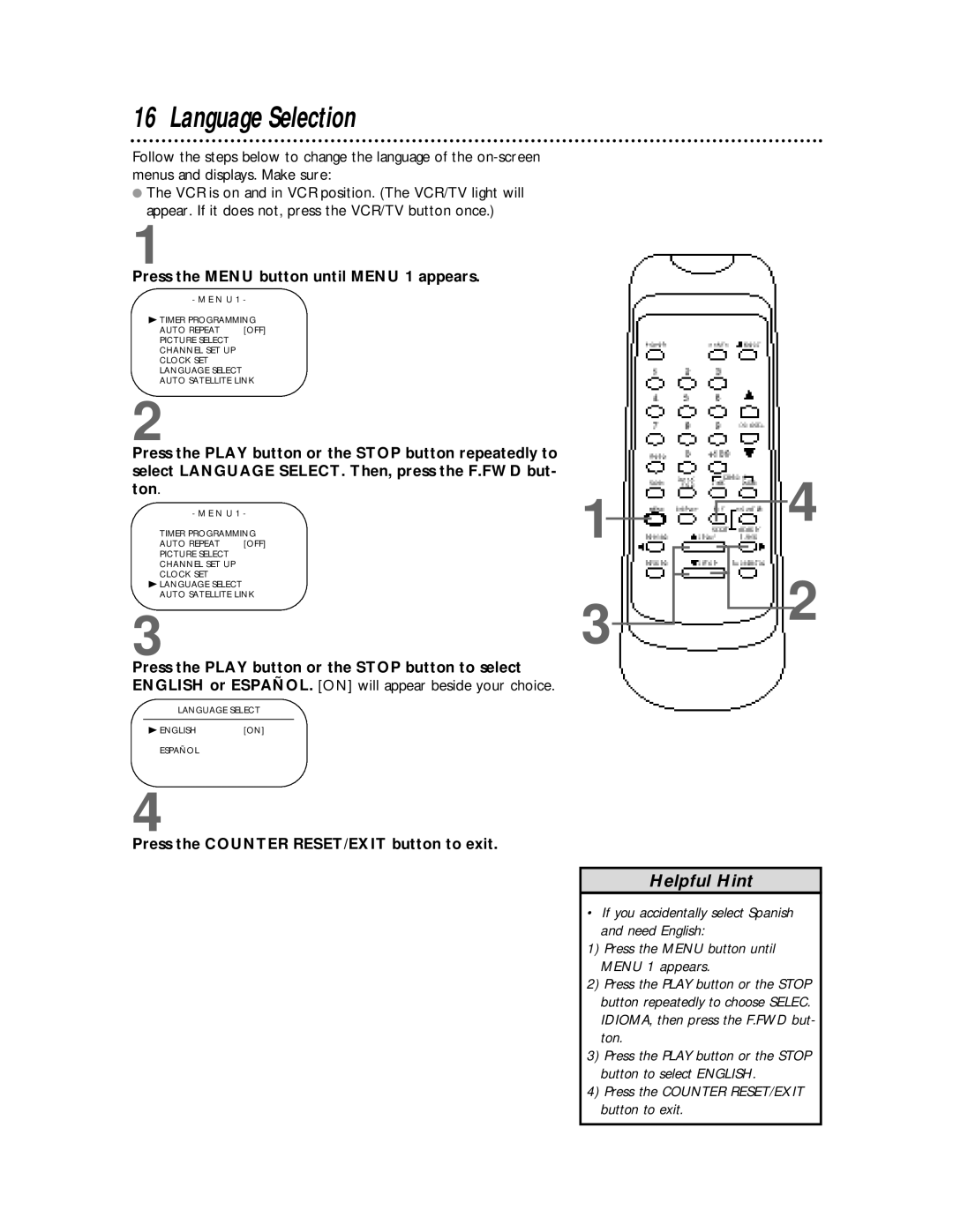 Magnavox SVB106 owner manual Language Selection, Press the Counter RESET/EXIT button to exit 