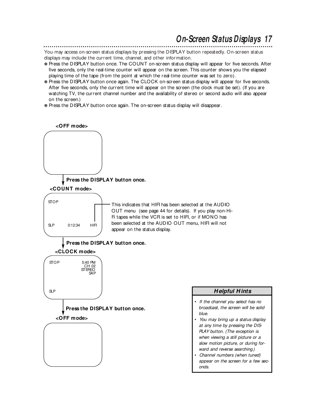 Magnavox SVB106 owner manual On-Screen Status Displays, OFF mode Press the Display button once. Count mode 