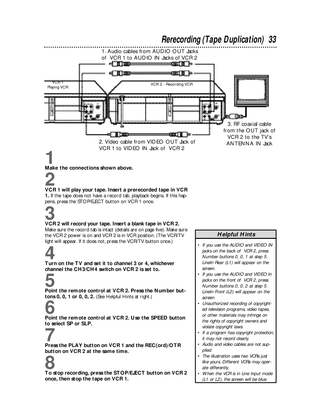 Magnavox SVB106 owner manual Rerecording Tape Duplication 