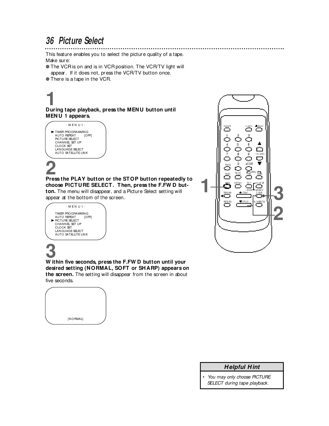 Magnavox SVB106 owner manual Picture Select, Appear at the bottom of the screen 